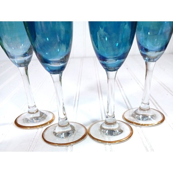 GlassOfVenice Murano Glass Champagne Flutes 24K Gold Leaf - Blue Set 4 Vintage - Picture 9 of 16